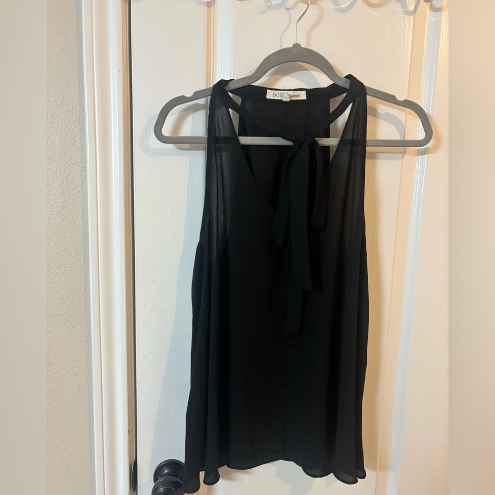 BCBGeneration Sheer Black Sleeveless Blouse With‎ Tie Size L Business Workwear